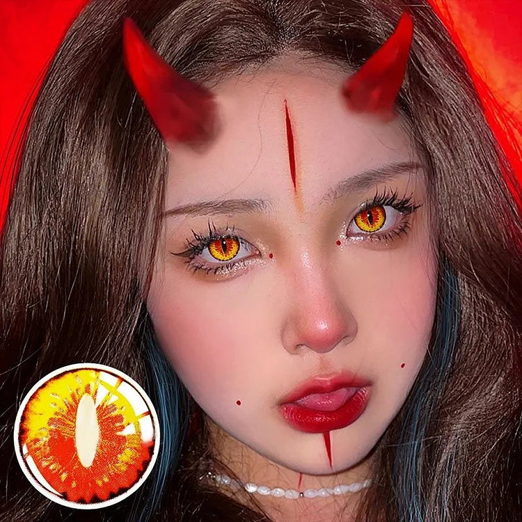 A Woman Wearing Golden Ruby Cat's Eye Contact Lenses