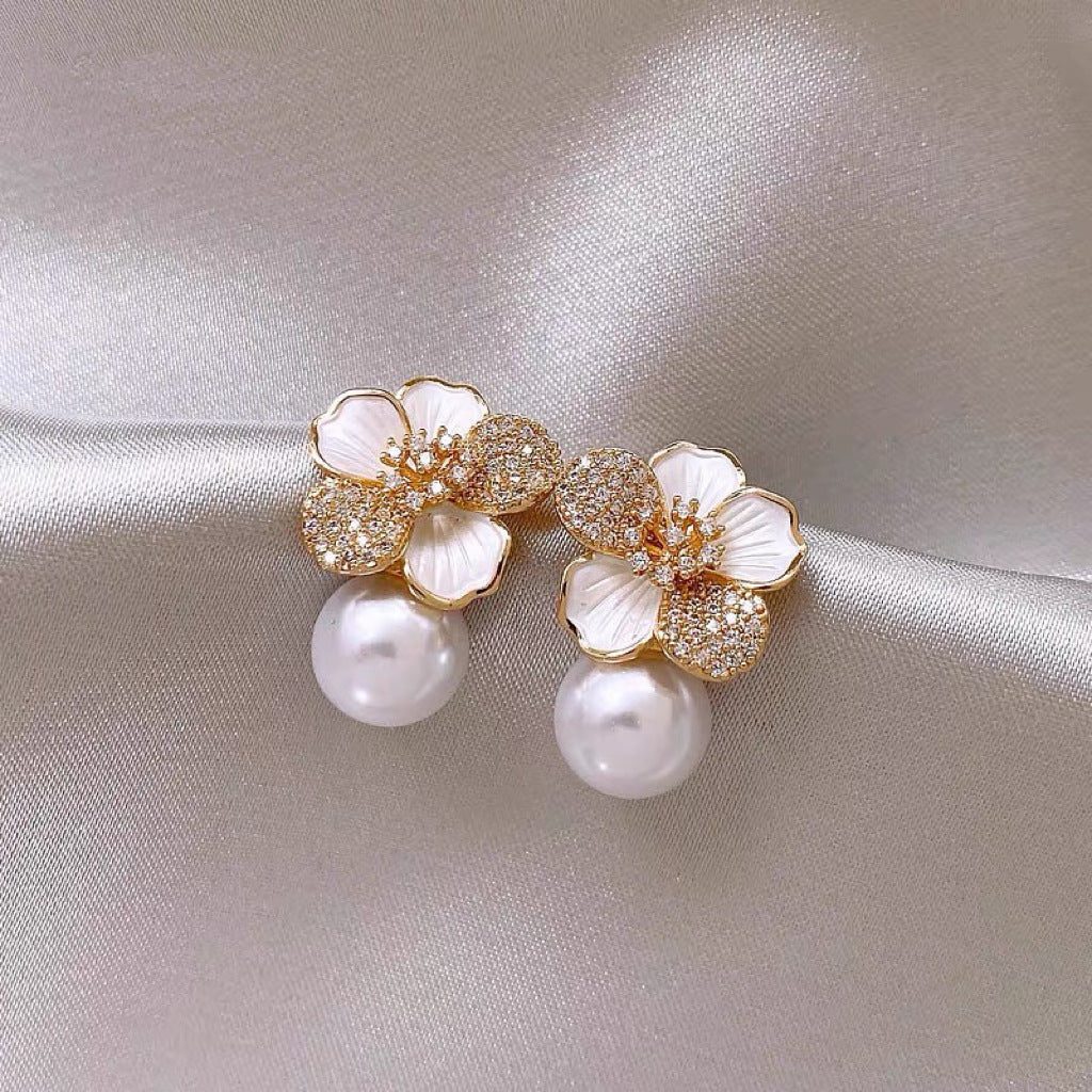 Gold-Plated Pearl Flower Stud Earrings