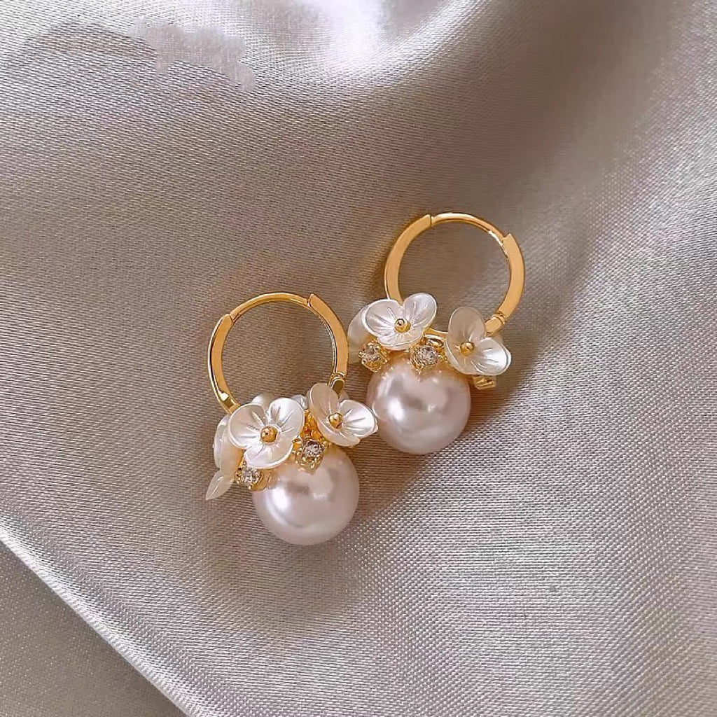 Gold-Plated Pearl Flower Stud Earrings