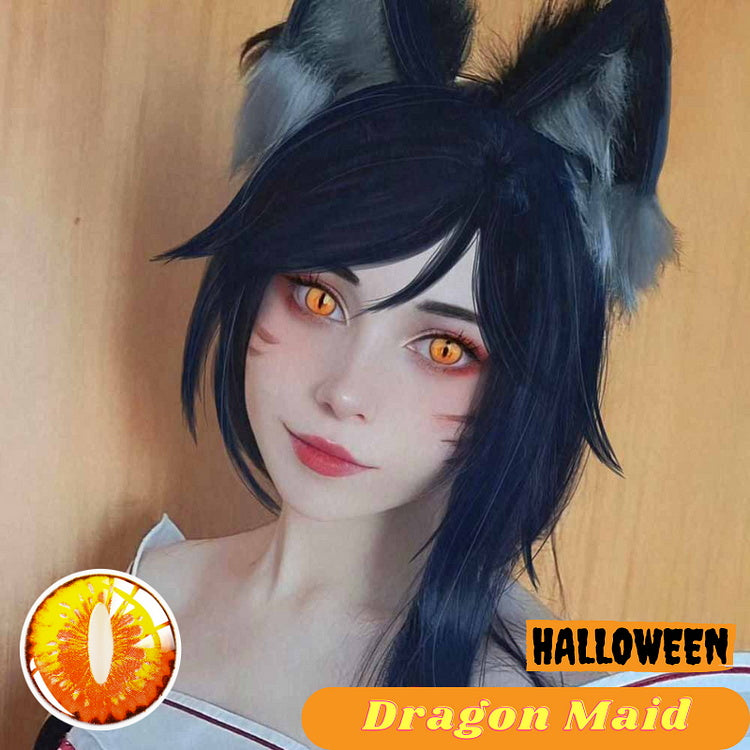 A Woman Wearing Golden Ruby Cat's Eye Contact Lenses