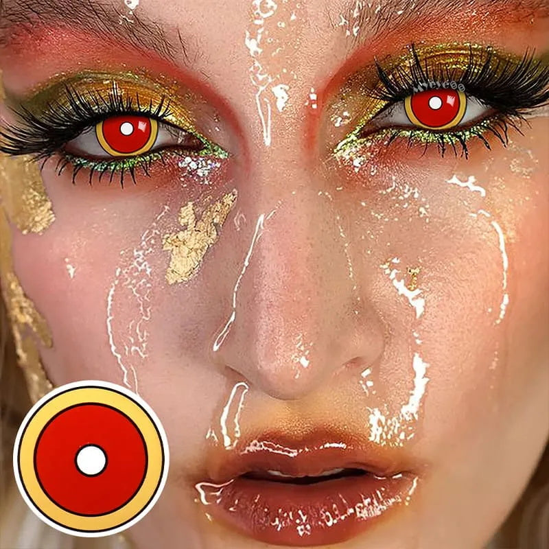 A Woman Wearing Demon Slayer's Inferno Halo Contact Lense