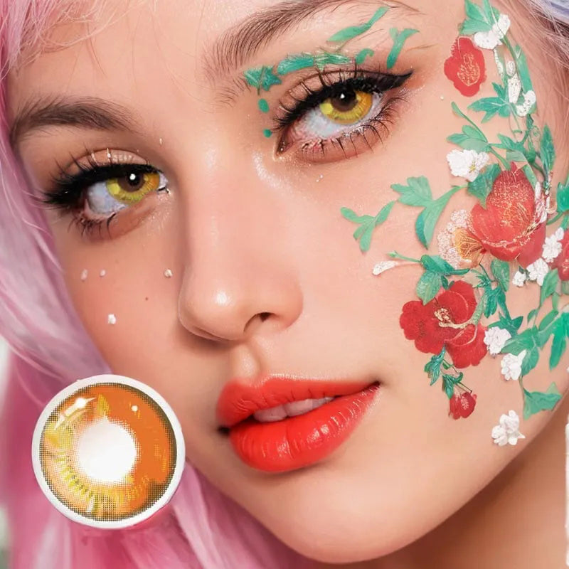 A Woman Wearing Golden Orange Hues Contact Lenses