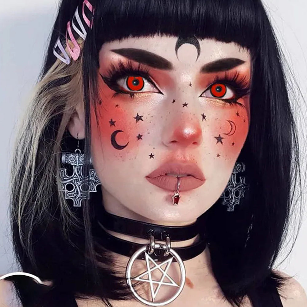 A Woman Wearing Crimson Circlet Flame Contact Lenses