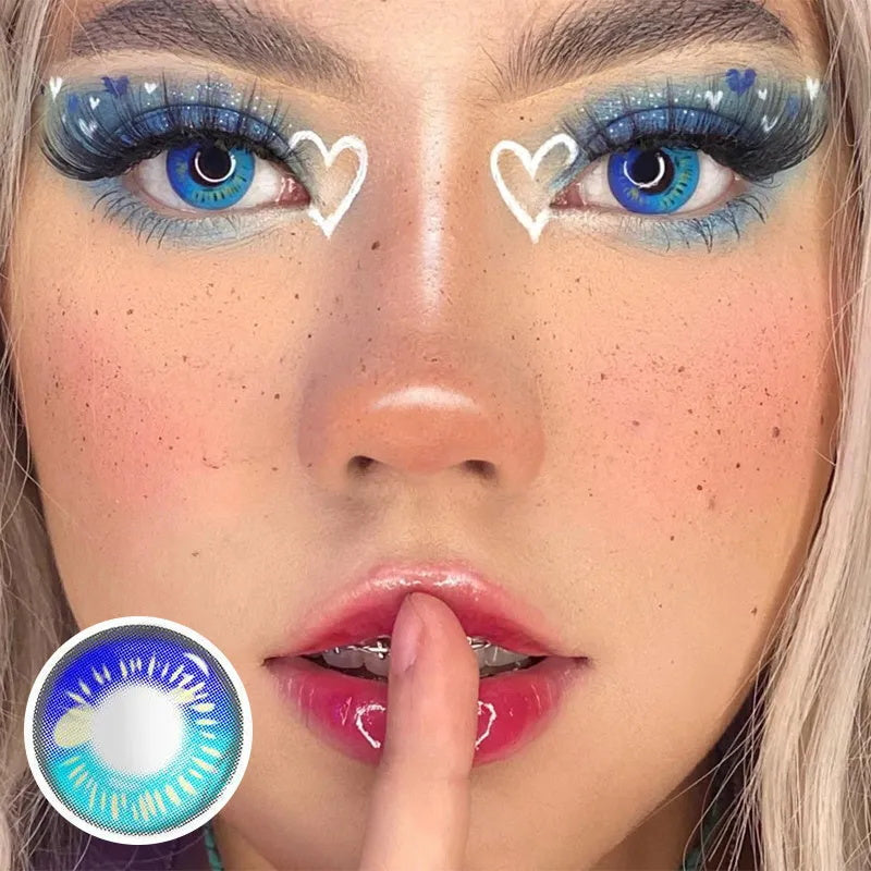 A Beautiful Woman Wearing Azure Blue Serenity Contact Lenses