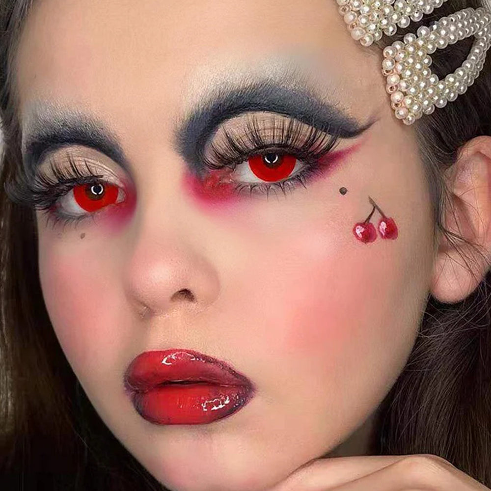 A Woman Wearing Crimson Celestial Blaze Contact Lenses