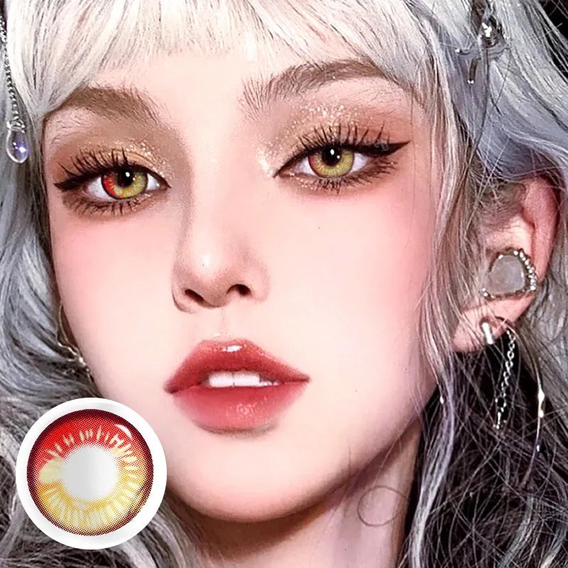 A Beautiful Woman Wearing Crimson Red Emotions Contact Lenses