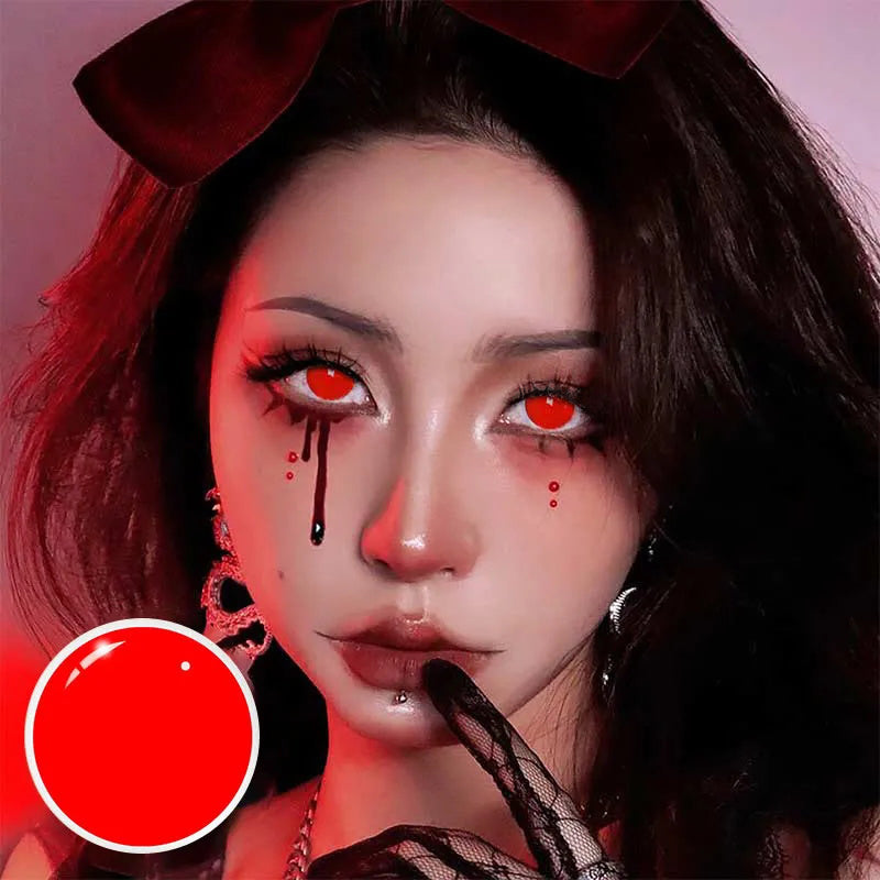 A Woman Wearing Crimson Blaze Red Contact Lenses