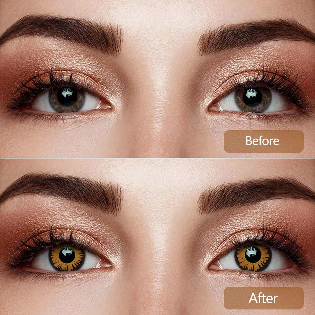 A Woman Wearing Crimson Bloom Yellow Contact Lenses