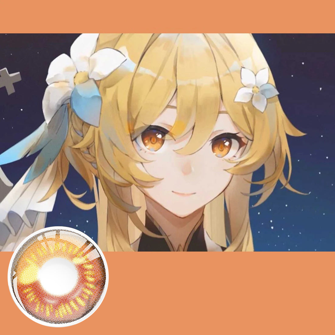 A Woman Wearing Golden Orange Hues Contact Lenses