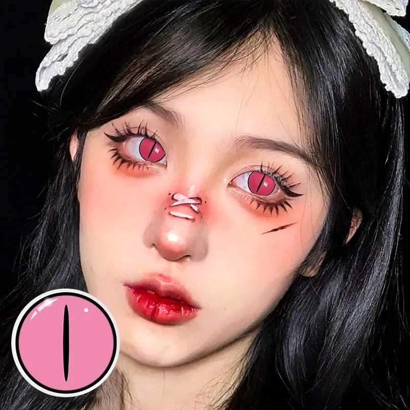 A Girl Wearing Demon Slayer's Shadow Cat Eye Contact Lenses