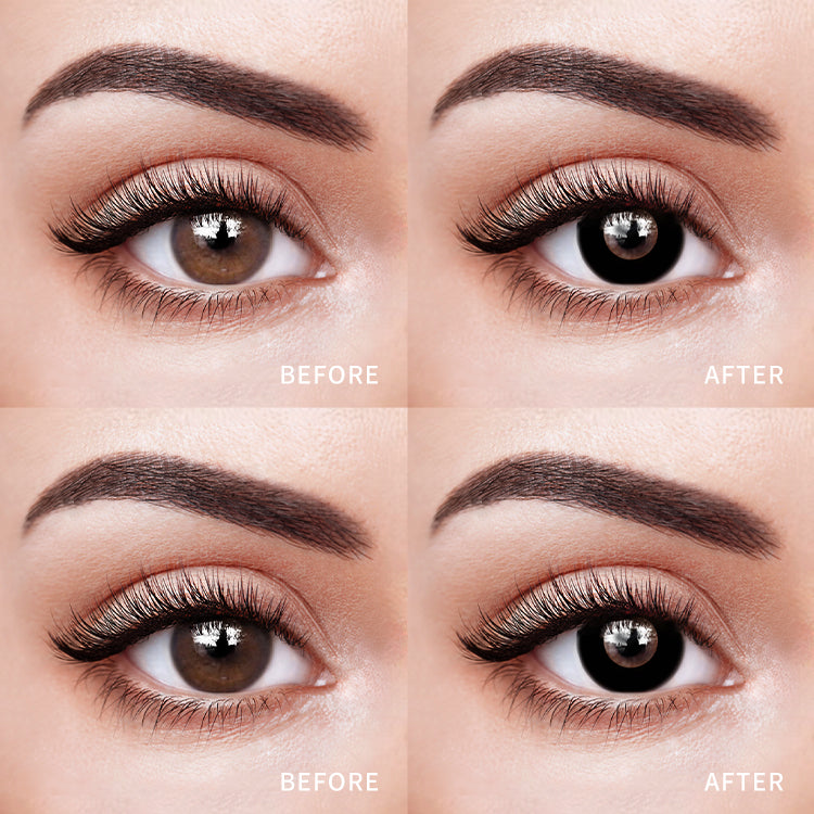 The before and after comparison of wearing Black Abyss Eyes Contact Lenses.
