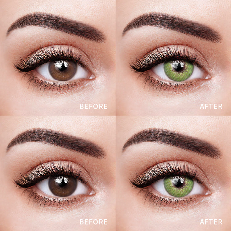 The before and after comparison of wearing Profound Green Contact Lenses.
