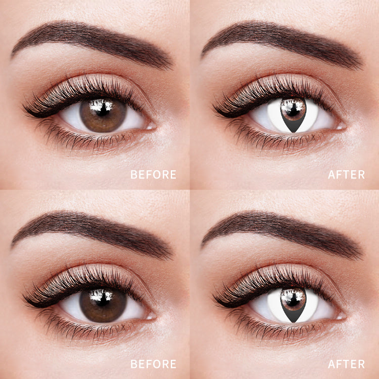 The before and after comparison of wearing Moonlit Pupil Cats eye Contact Lenses.
