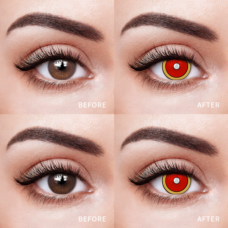 The before and after comparison of wearing Demon Slayer's Inferno Halo Contact Lenses.