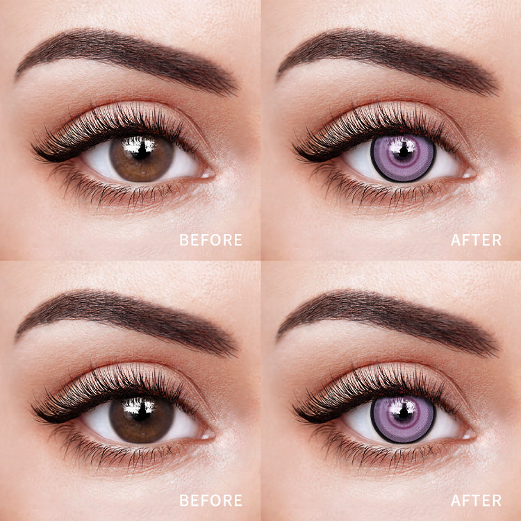 The before and after comparison of wearing Twilight Amethyst Halo Contact Lenses.