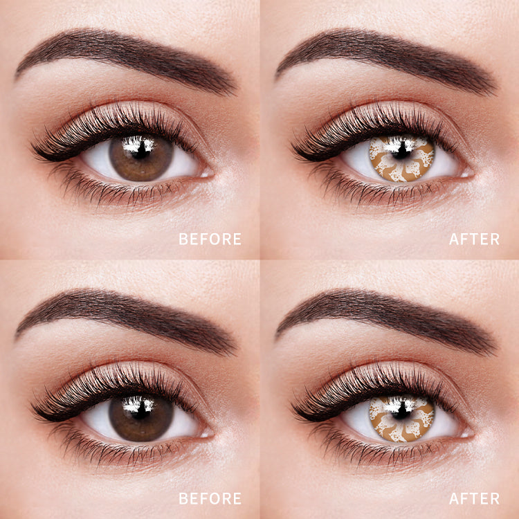 The before and after comparison of wearing Thrilling White Blossom Contact Lenses.