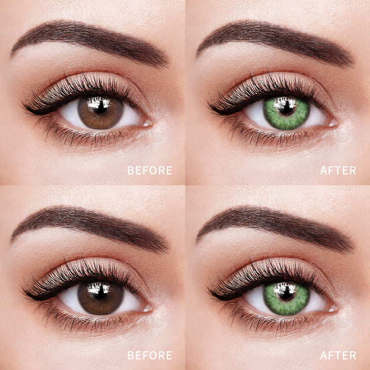 The before and after comparison of wearing Wildcat Green Contact Lenses.