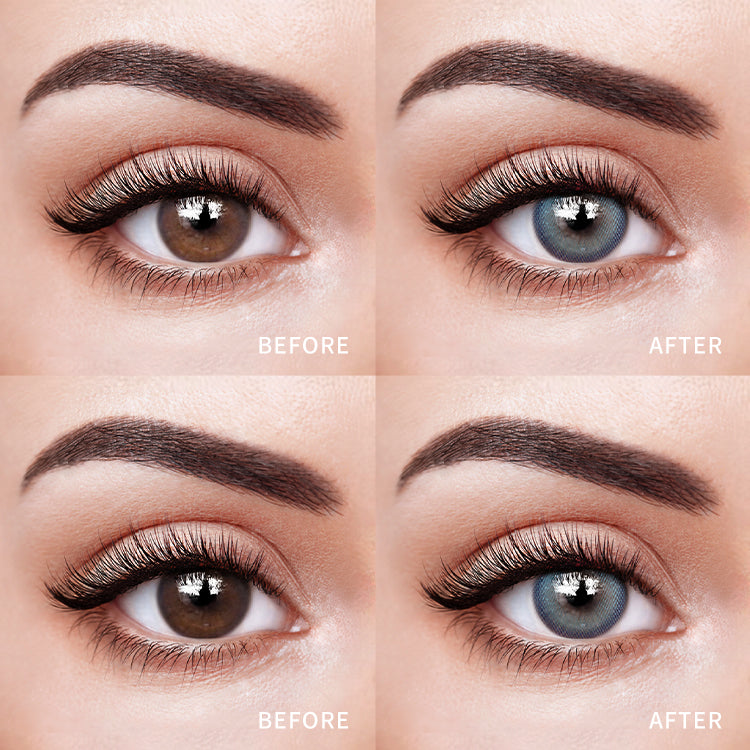 The before and after comparison of wearing Immersing Blue Contact Lenses.