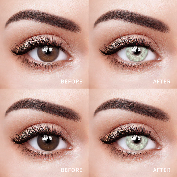 The before and after comparison of wearing 【Prescription】Illusion Green Contact Lenses.