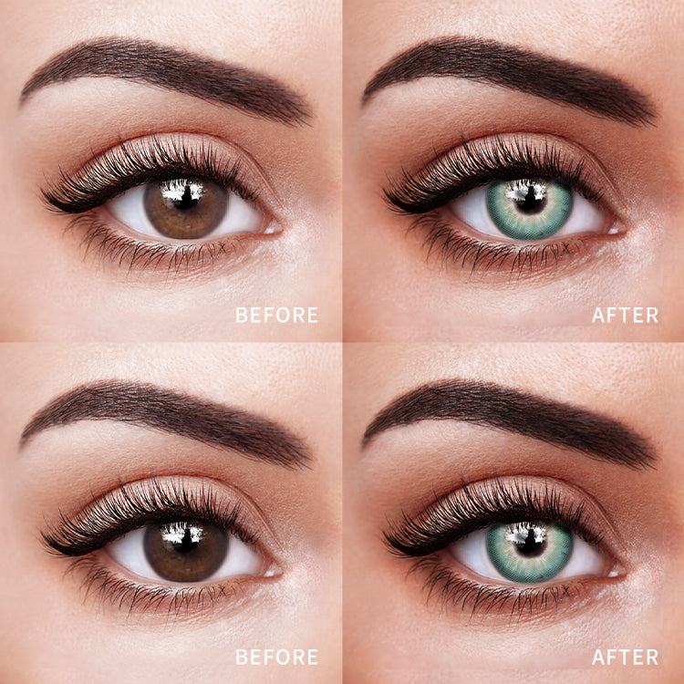 The before and after comparison of wearing JK Green Contact Lenses.