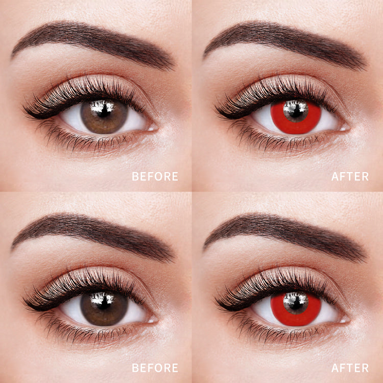 The before and after comparison of wearing Crimson Celestial Blaze Colored Contact Lenses.