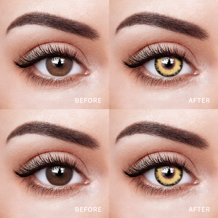 The before and after comparison of wearing Wild Jungle Brown Contact Lenses.