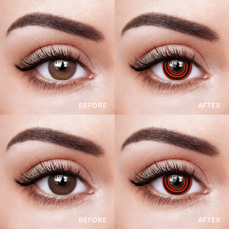 The before and after comparison of wearing Crimson Shadow Ring Colored Contact Lenses.