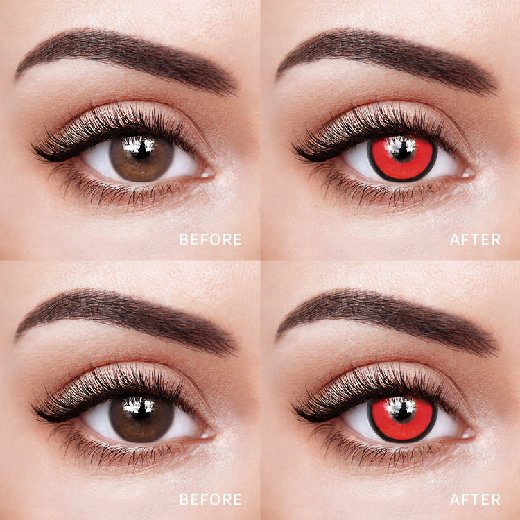The before and after comparison of wearing Crimson Circlet Flame Colored Contact Lenses.