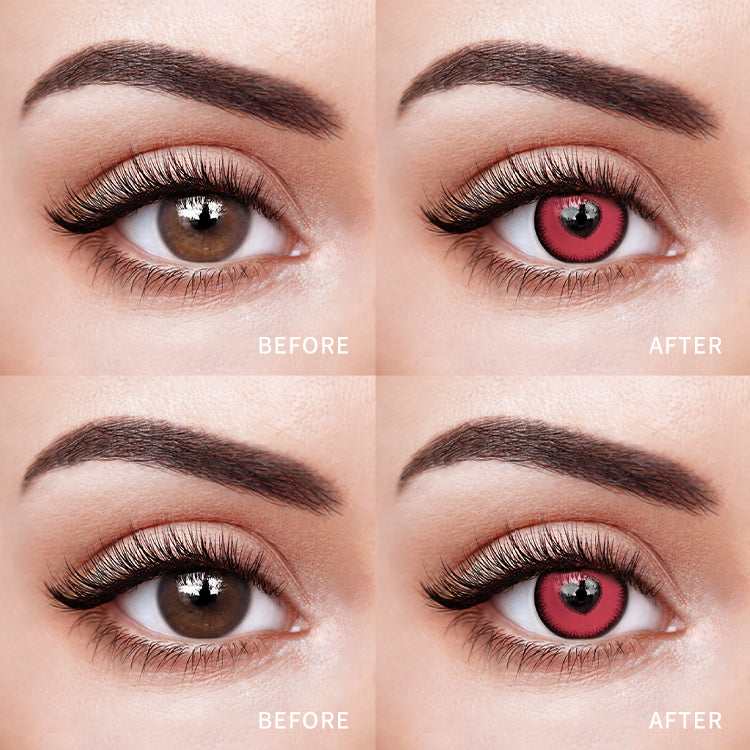 The before and after comparison of wearing Sweetheart Pink Charm Contact Lenses.