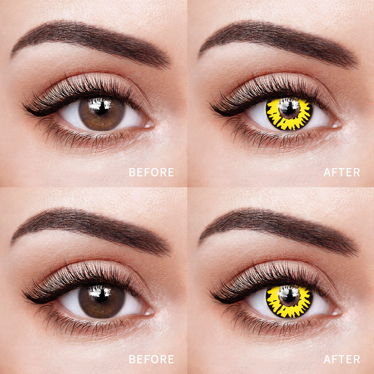 The before and after comparison of wearing Twilight Shade Yellow Contact Lenses.