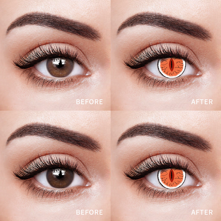 The before and after comparison of wearing Demon Slayer's Inferno Cat's Eye Contact Lenses.