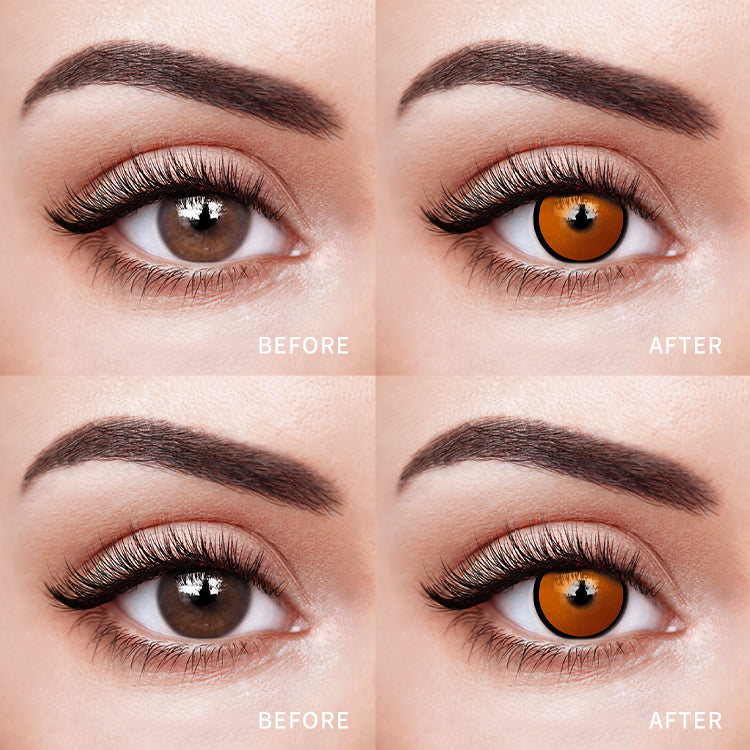 The before and after comparison of wearing Chainsaw Citrine Gaze Colored Contact Lenses.