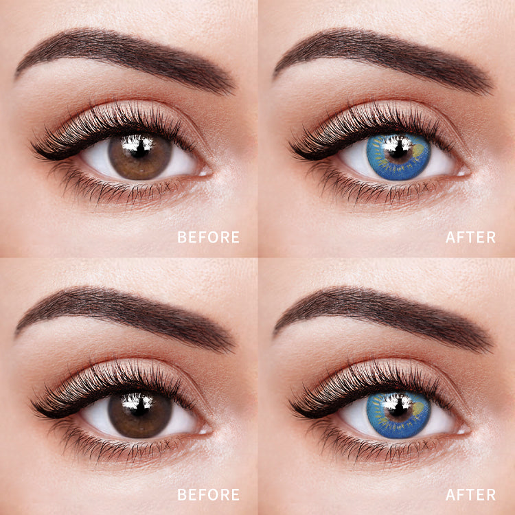 The before and after comparison of wearing Azure Blue Serenity Contact Lenses.
