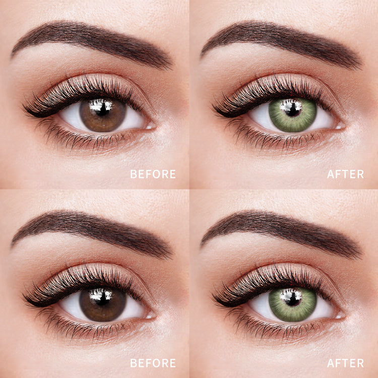 The before and after comparison of wearing New York Green Contact Lenses.