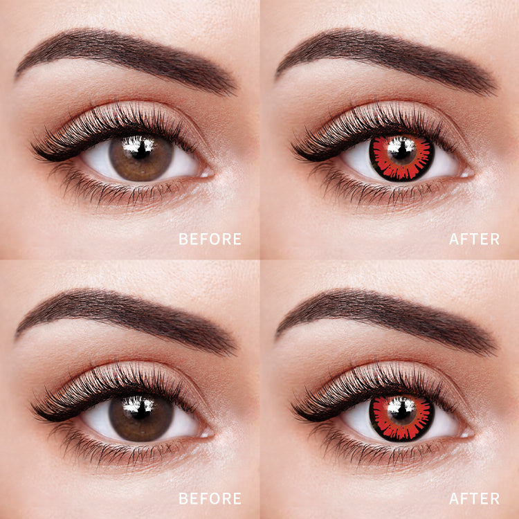 The before and after comparison of wearing Crimson Bloom Red Contact Lenses.