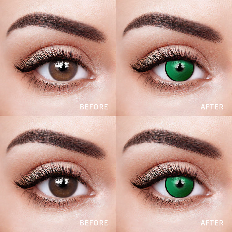 The before and after comparison of wearing Chainsaw Emerald Gaze Colored Contact Lenses.