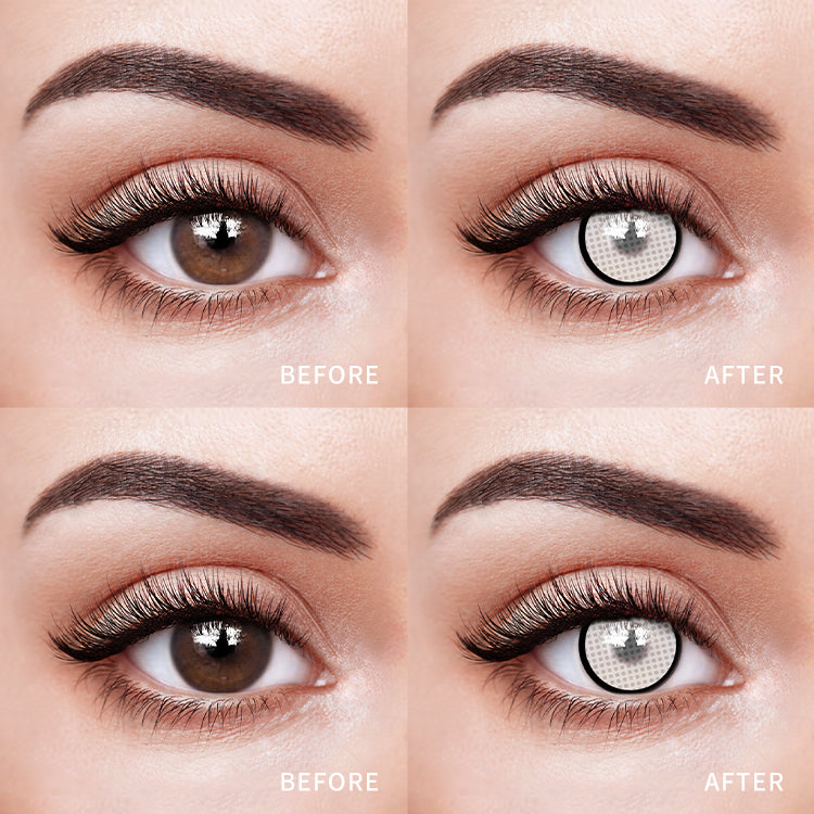 The before and after comparison of wearing Rebel Glance White Contact Lenses.