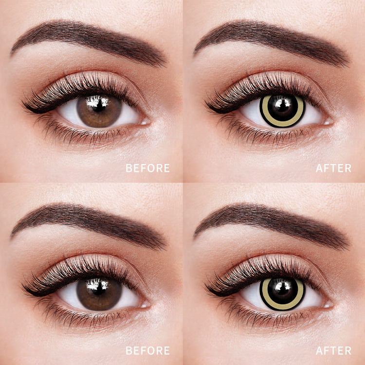 The before and after comparison of wearing Chainsaw Man Shadow Eye Colored Contact Lenses.