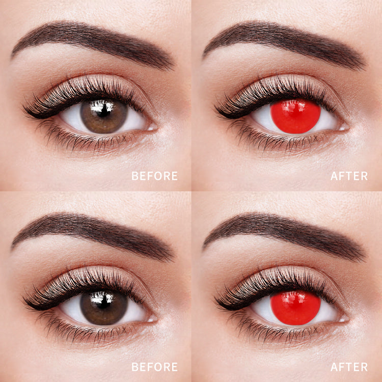 The before and after comparison of wearing Crimson Blaze Colored Contact Lenses.