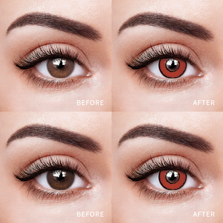 The before and after comparison of wearing Crimson Cursed Ring Eyes Colored Contact Lenses.