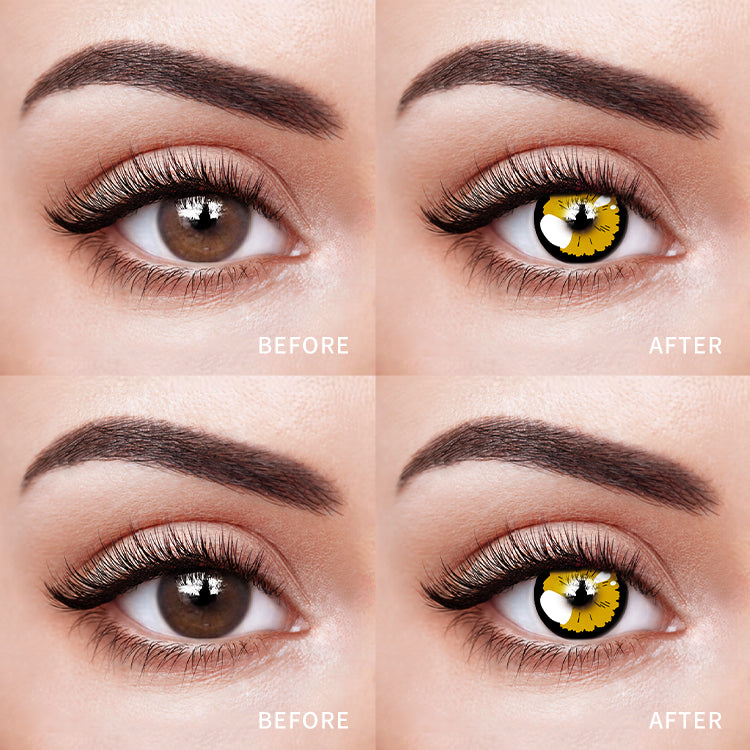 The before and after comparison of wearing Sunlit Floral Eclipse Yellow Contact Lenses.