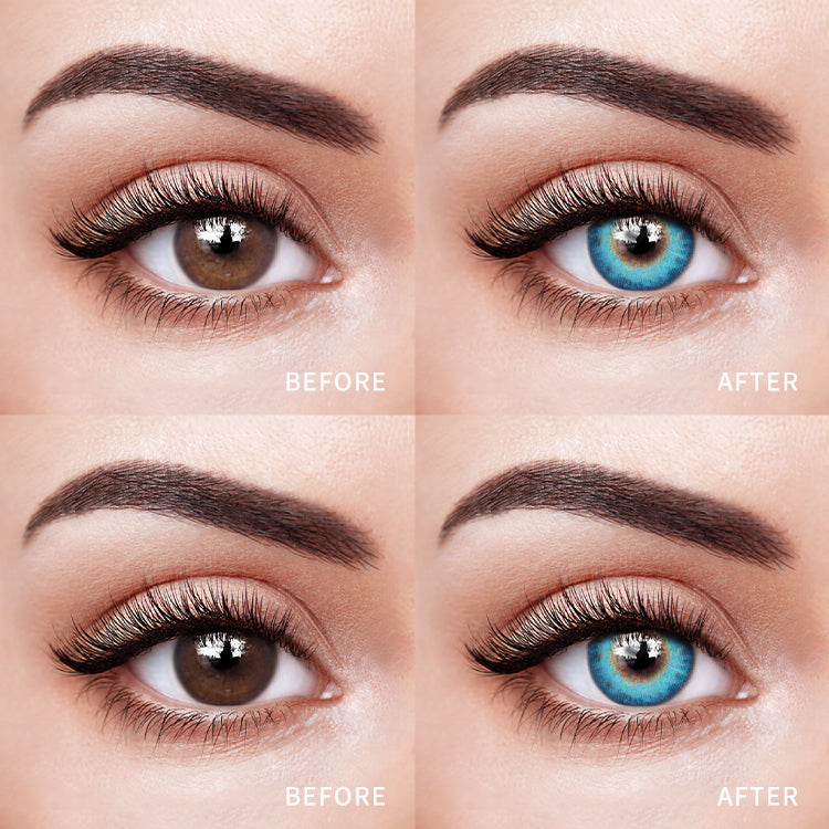 The before and after comparison of wearing Wild Jungle Blue Contact Lenses.