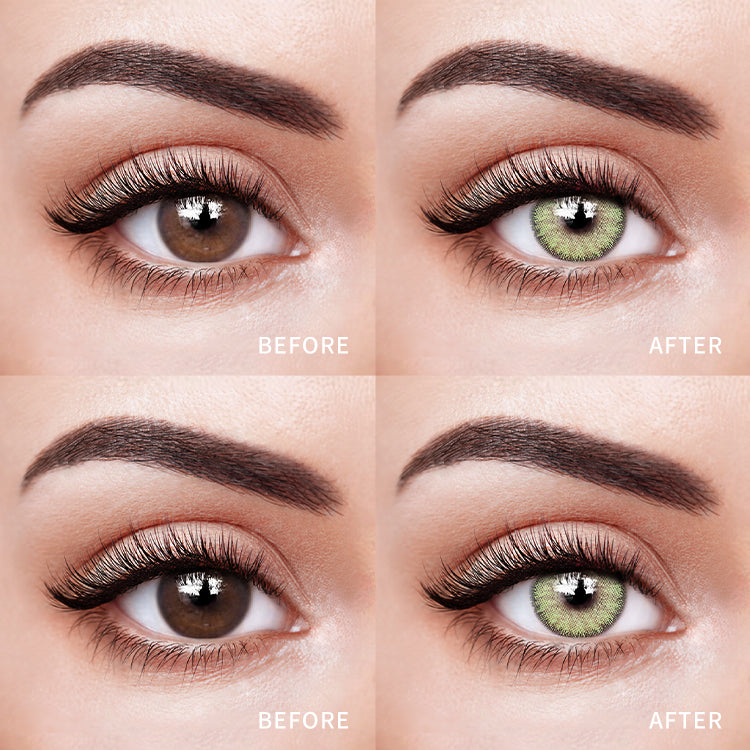 The before and after comparison of wearing Ocean Green Contact Lenses.