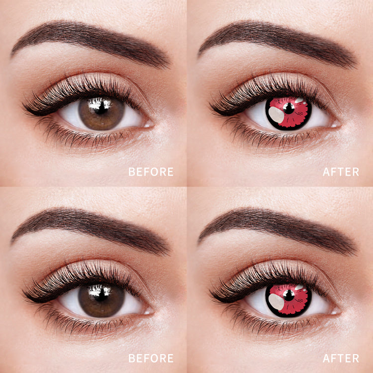 The before and after comparison of wearing Sunlit Floral Eclipse Red Contact Lenses.