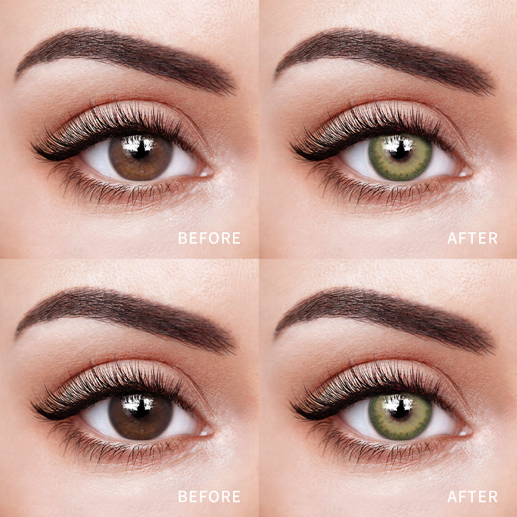 The before and after comparison of wearing Apricity Green Contact Lenses.