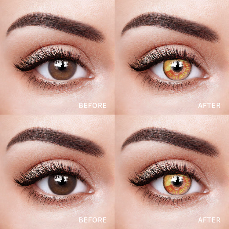 The before and after comparison of wearing Golden Orange Hues Contact Lenses.