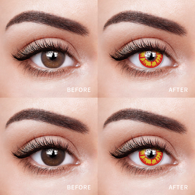 The before and after comparison of wearing Crimson Sunburst Colored Contact Lenses.
