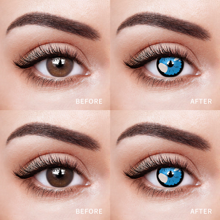The before and after comparison of wearing Sunlit Floral Eclipse Blue Contact Lenses.