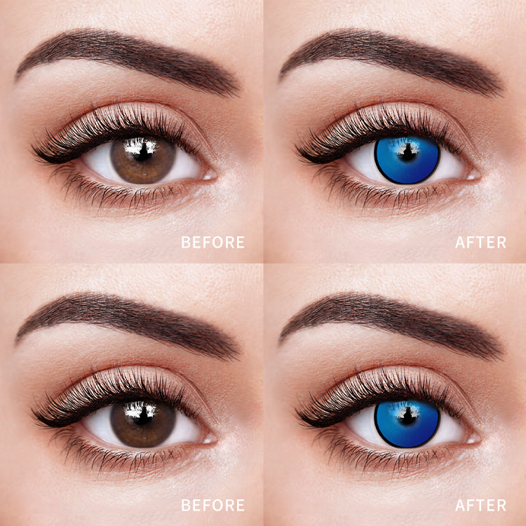 The before and after comparison of wearing Chainsaw Azure Gaze Colored Contact Lenses.