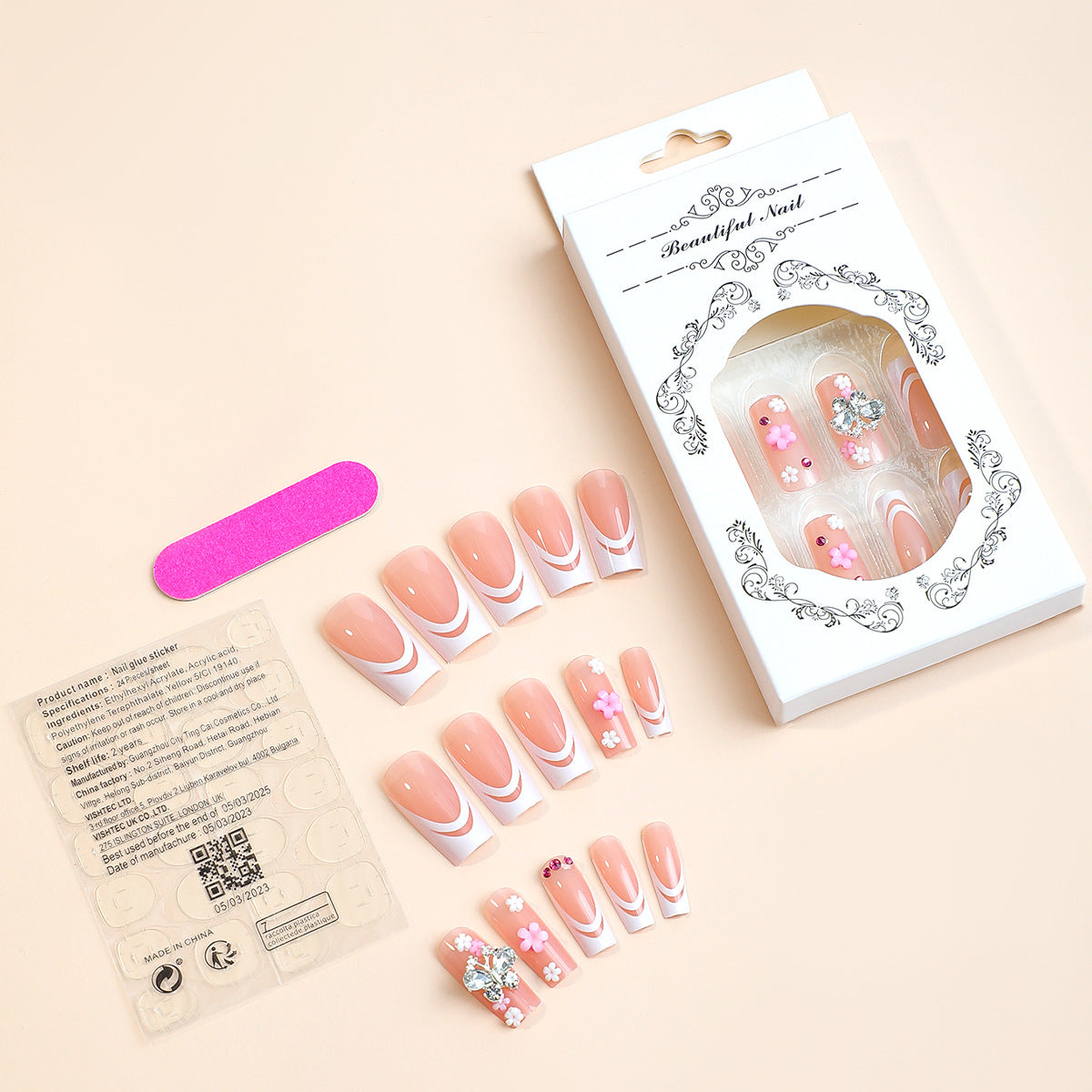 Butterfly Bloom Pink, Long, Square Press On Nails